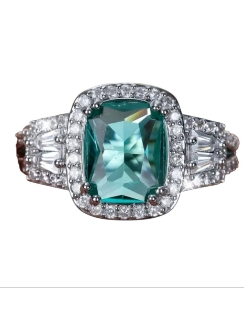 Silvertone Aqua Gemstone Ring Rhinestones